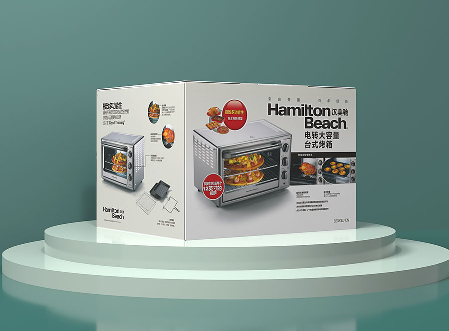 黑眼睛廣告為漢美馳設(shè)計完善的電轉(zhuǎn)大容量臺式烤箱外包裝